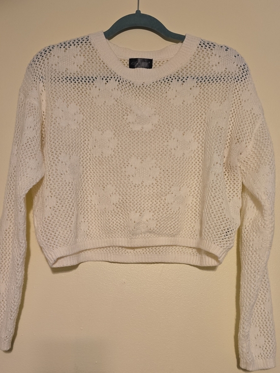 Say What? Sweaters - Say What? Cream Floral Open-Knit Crewneck Sweater